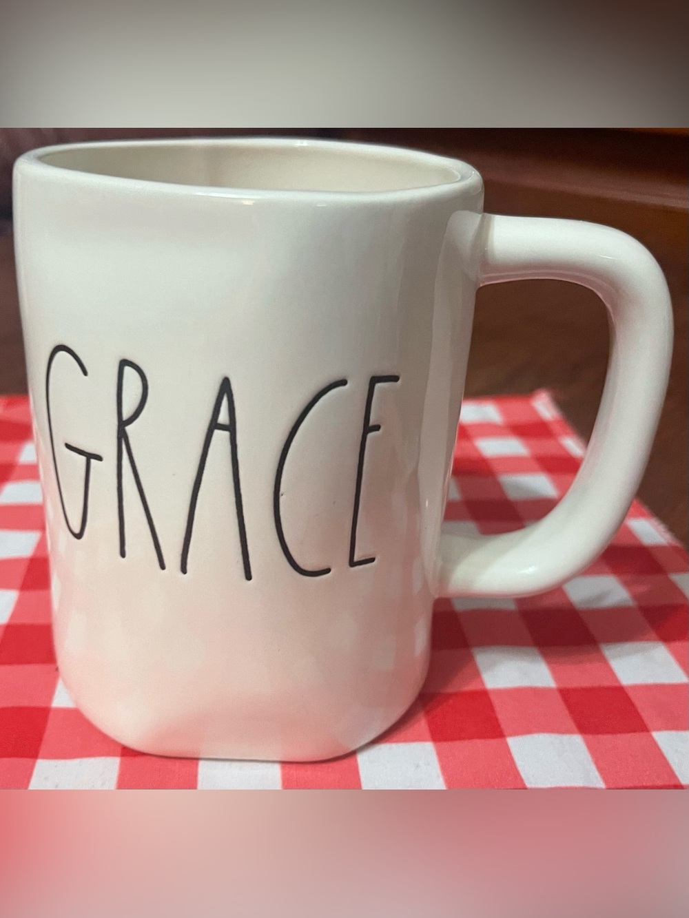 Rae Dunn Coffee Mug Grace white black